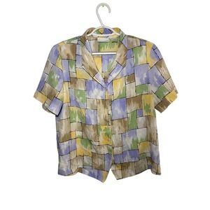 VTG Alfred Dunner Abstract Print Button Up Short Sleeve Shirt Blouse Womens 14